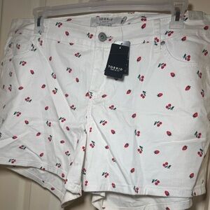 Torrid White Jean Shorts with Red Floral Print